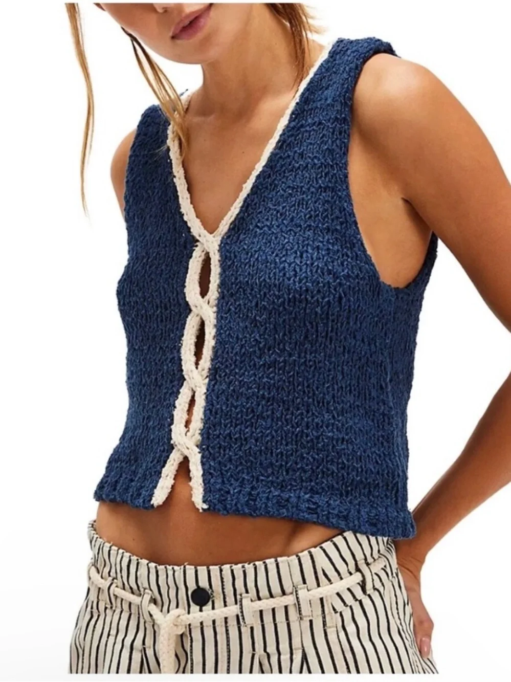 Free People XS Sicily Sweater Shell Navy Nautical Beach Coastal Knit Relaxed